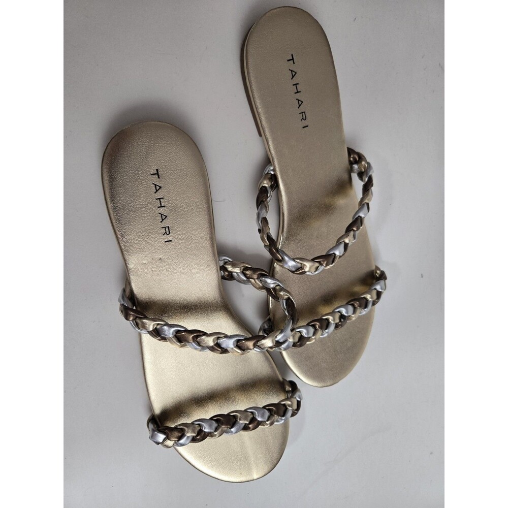 Tahari Size 8 Metallic Gold Slide Sandals Braided Gold Silver Strap Flat Slip on - Picture 6 of 7